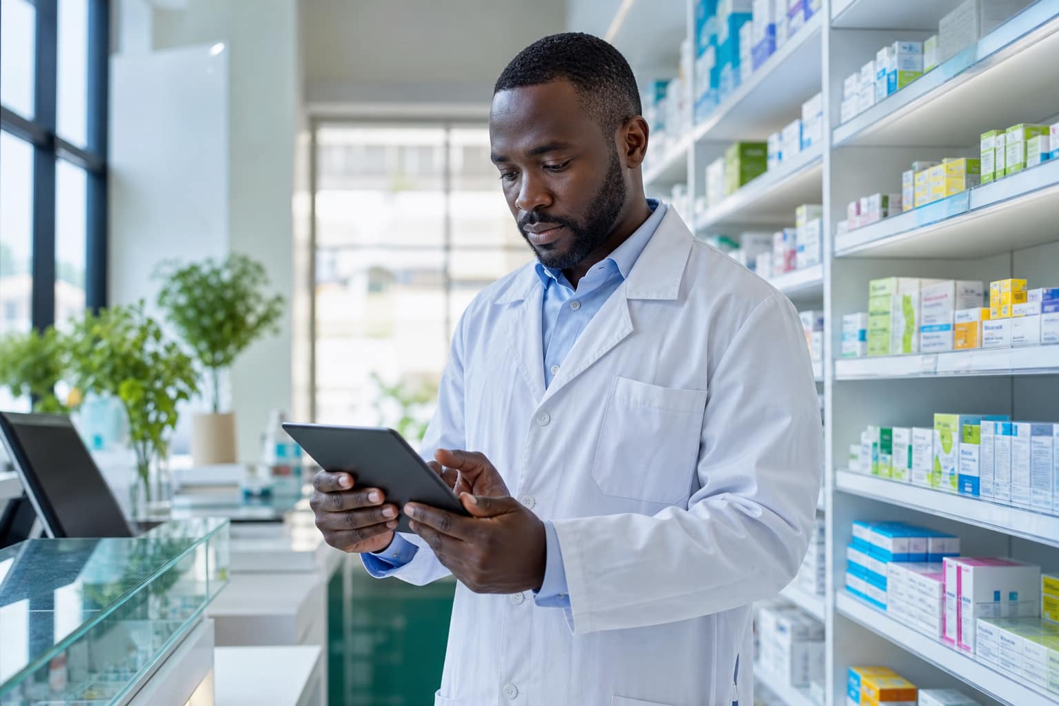 Pharmacien africain consultant une tablette dans une officine moderne